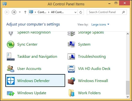 Open Control Panel and look for Windows Defender