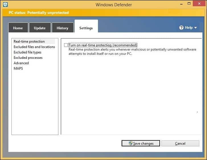 uncheck the Turn on real time protection checkbox and click on Save changes