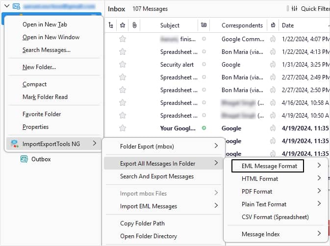 8.	Right-click the Inbox you wish to export and select ImportExportTools 