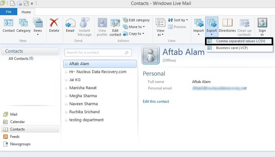Start Windows Live Mail and select Contacts