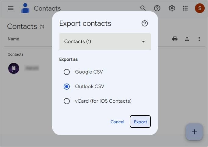Select Outlook CSV under Export contacts