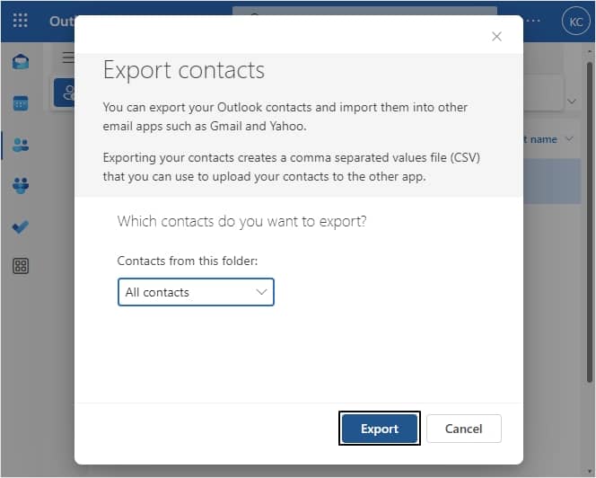 Select All contacts option, then click Export