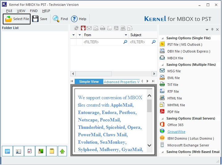 Launch the Kernel MBOX to PST tool 