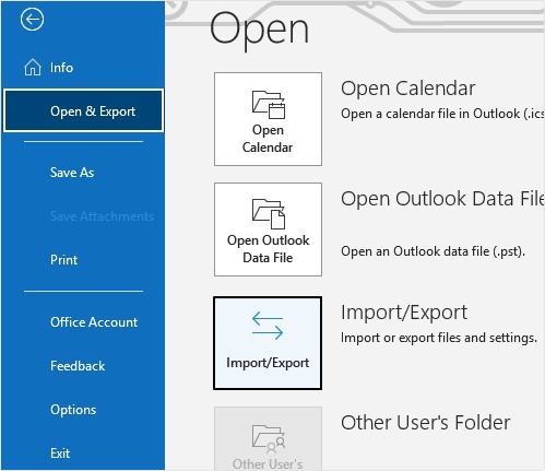 choose Import and Export option in Outlook