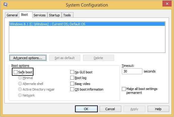 clear Safe Boot option under Boot options