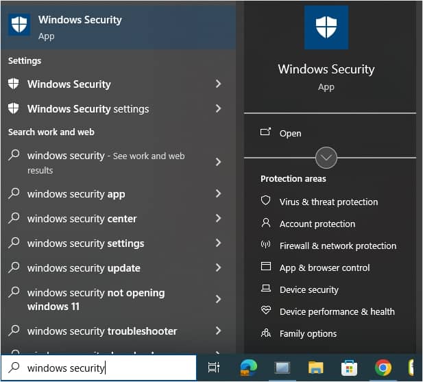 type Windows Security and click on it