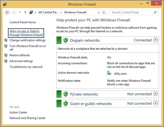 click on the Allow an app or feature through Windows Firewall 