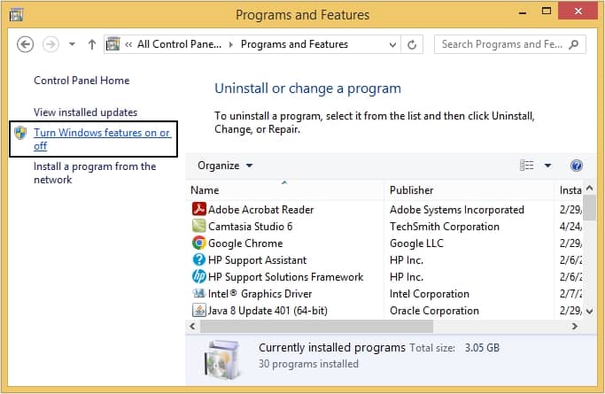 click Turn Windows feature on or off from left pane