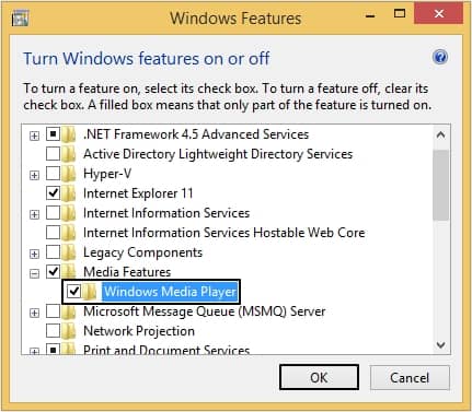 click on Media Features then uncheck Windows Media Player option and tap OK