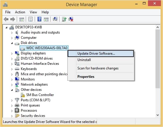 Click on Disk drivers and right click on the mentioned driver then tap on Update Driver Software option