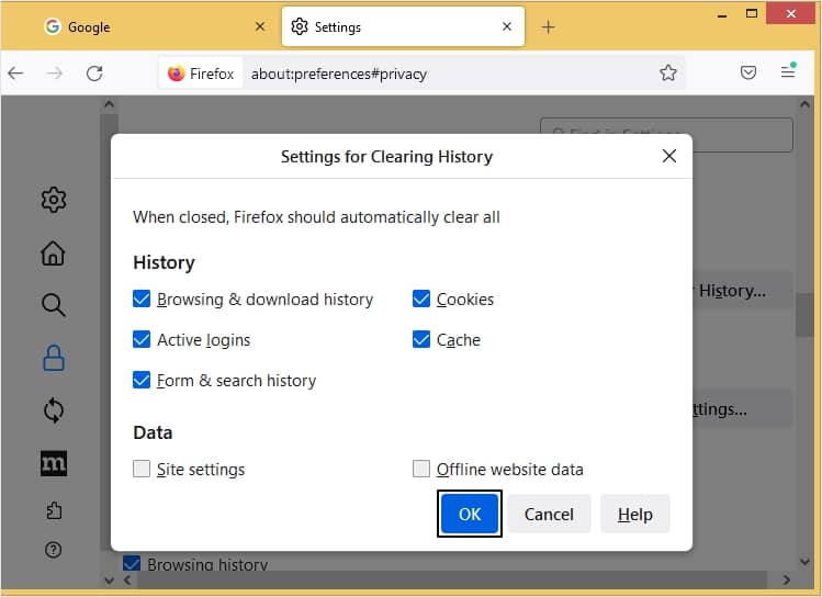 Settings for Clearing History