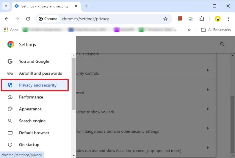 Open Chrome browser Go to Settings and click the Privacy and Security tab