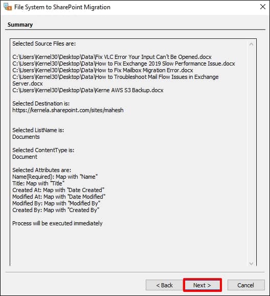 The tool will display a detailed summary log of the transfer