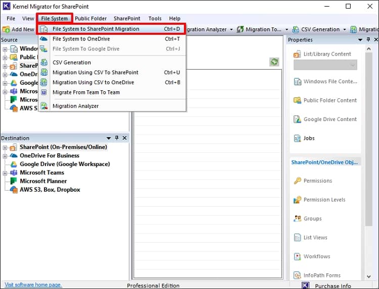 Click on File System from the menu and select File System to SharePoint