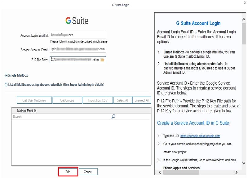 You must provide the G Suite account its Service Account ID and the public P 12 key on the Google Workspace Login page