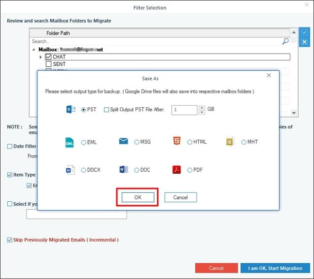 Choose the destination format and click OK