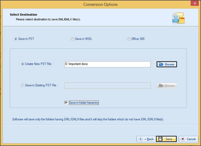 select destination to save eml files