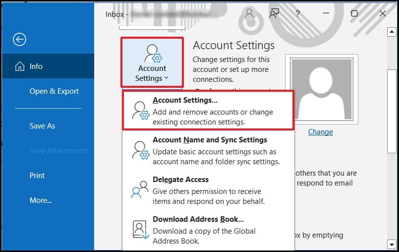 Click on File and then Account Settings