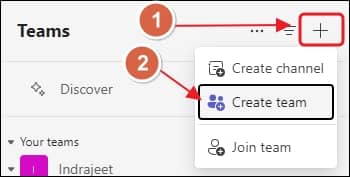 On the opened page click the Add button then Create team