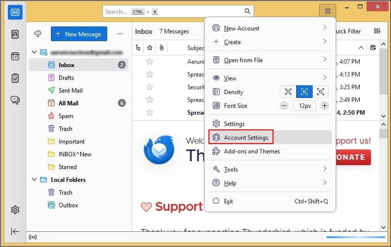 In Thunderbird go to Account Settings option