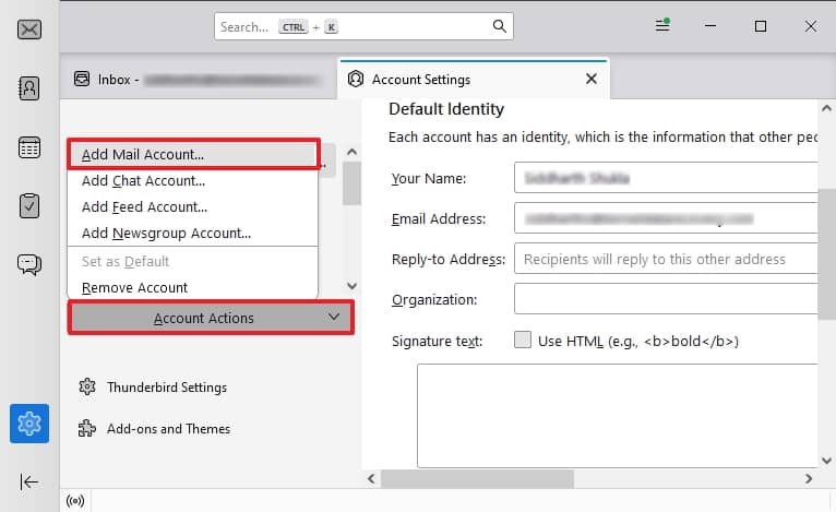click on Account Actions and Add Mail Account