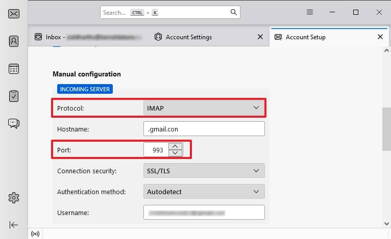 Choose IMAP in the Manual configuration