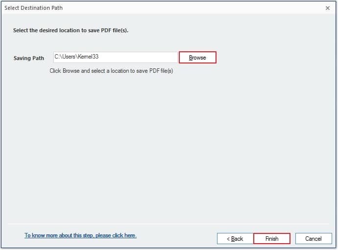 Click on Browse to choose a destination to save the PDF file 