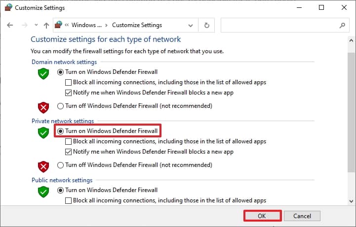 select the Turn off Windows Firewall for your network