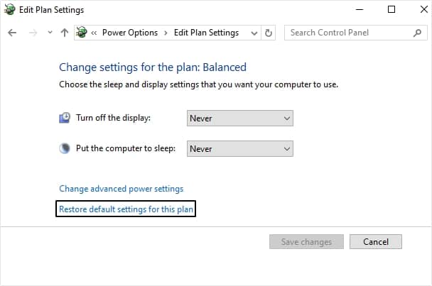 Restore default settings for this plan