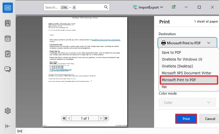 Select Microsoft Print to PDF from the drop down menu