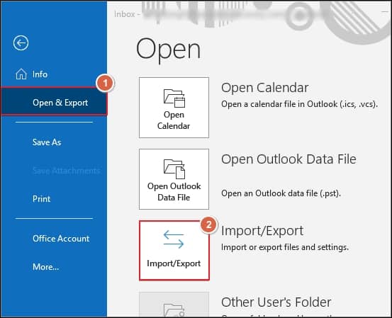 Launch Outlook, go to File tab and click on the Import or Export option