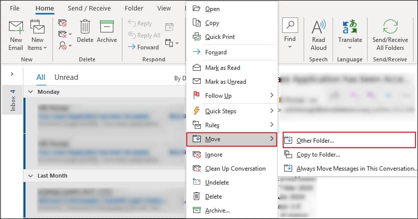 Choose the emails from the platform and right click on them to select the Move option Other folder