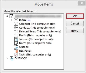 select the created PST file and click OK to copy the OST file items into the new PST file