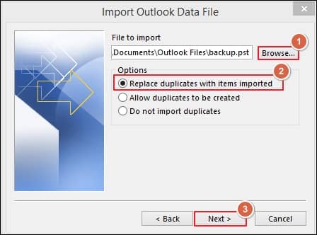 Browse the location of converted PST file and check the box of Replace duplicates with items imported