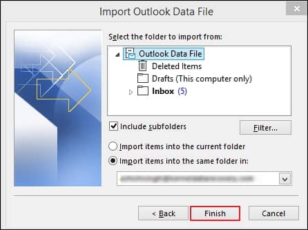 Select the folders to import from with various filters and click on the Finish option