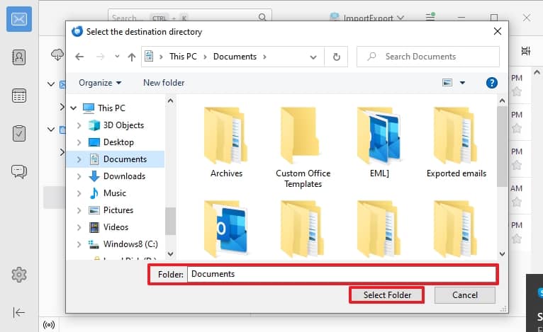 select the destination where you want to export the folder