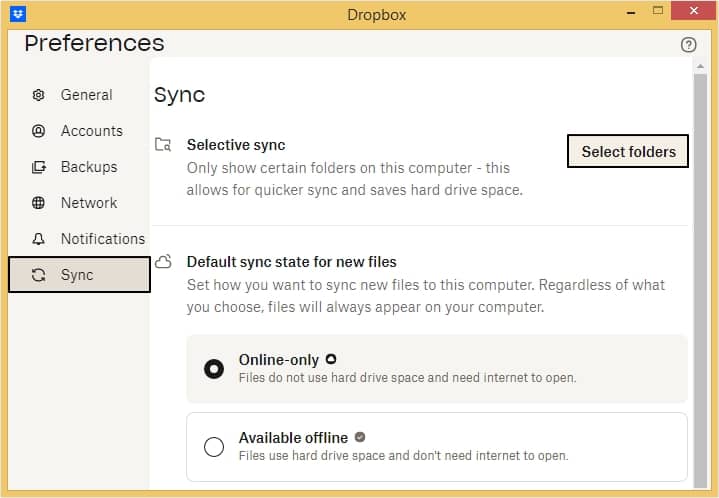 click Select Folders mentioned next to Selective sync to select the files you want to move to your computer