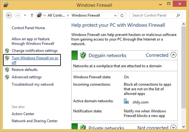 Select Windows Firewall on or off