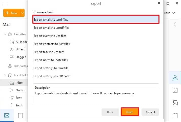 Select Export emails to EML files