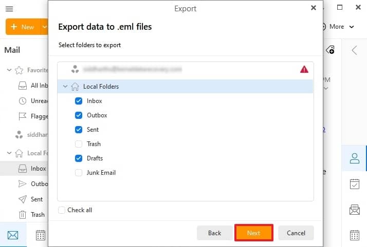 Choose all the data from your eM Client that you want to export