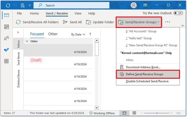 Launch Outlook and tap on the Send/Receive 