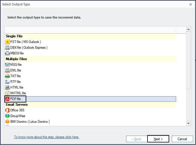 Select Output type as PDF