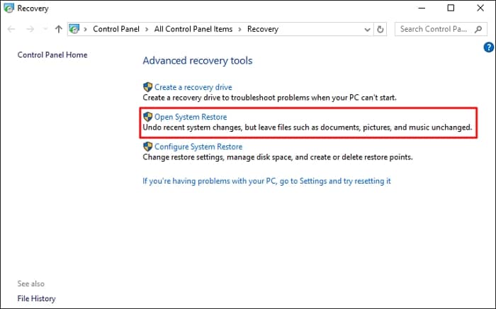 Choose Open System Restore