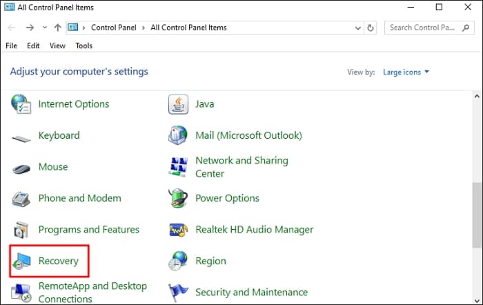 Open Control Panel and select Recovery option