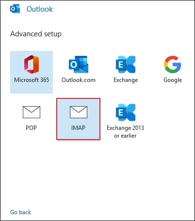 Choose IMAP under Advanced setup, then enter your account password in the pop-up window and click Next