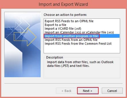Select Import from another program or file and hit Next