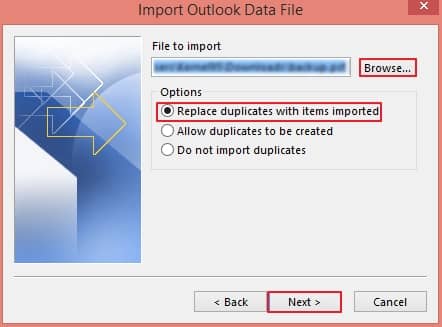 Browse the location of the file you wish to import and select Replace duplicates with items imported