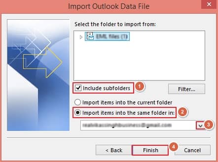 Tick the given checkbox, choose Import items into the same folder in option, select the IMAP configured account from the dropdown and click Finish