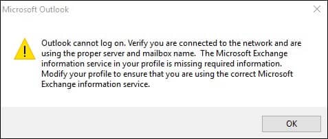 Outlook cannot log on. Verify you are connected to the network