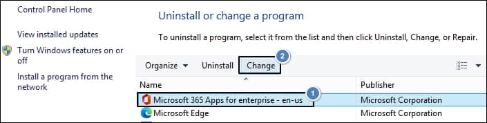 select Microsoft 365 Apps, and click Change